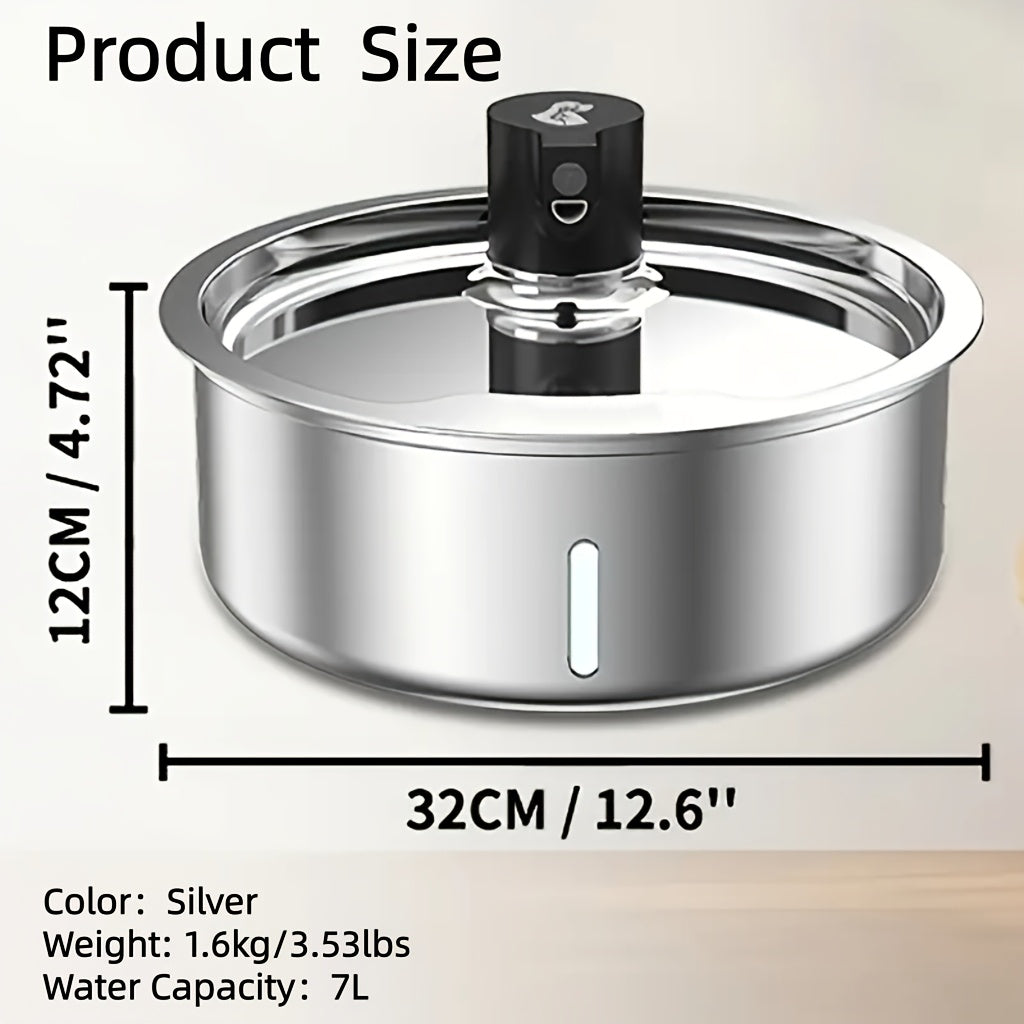 Automatic Pet Water Fountain - 1.85-Gallon Stainless Steel, USB-Powered, for Cats & Dogs & Multi-Pet Households - Includes Filter Cartridges - Silvery