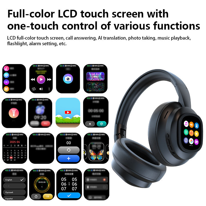 Hybrid Active Noise-Cancelling Headphones - Touchscreen, AI Translation, Remote Control Photography, Wireless with Microphone, Soft Ear Pads & Multiple EQ Bass - Tablet Compatible - Black & Orange