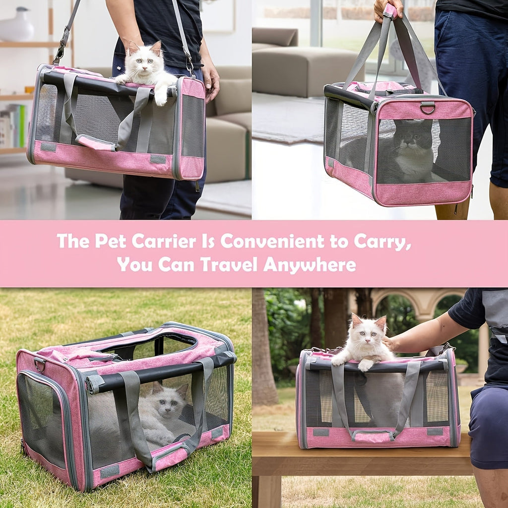 Airline Approved Soft-Sided Pet Carrier – Breathable Collapsible Travel Bag for Cats & Small Dogs with Accessory Bundle (Collar, Bowls, or Pet Glove), 10 Colors: Pink, Blue, Black, Gray, Navy, Green, Orange