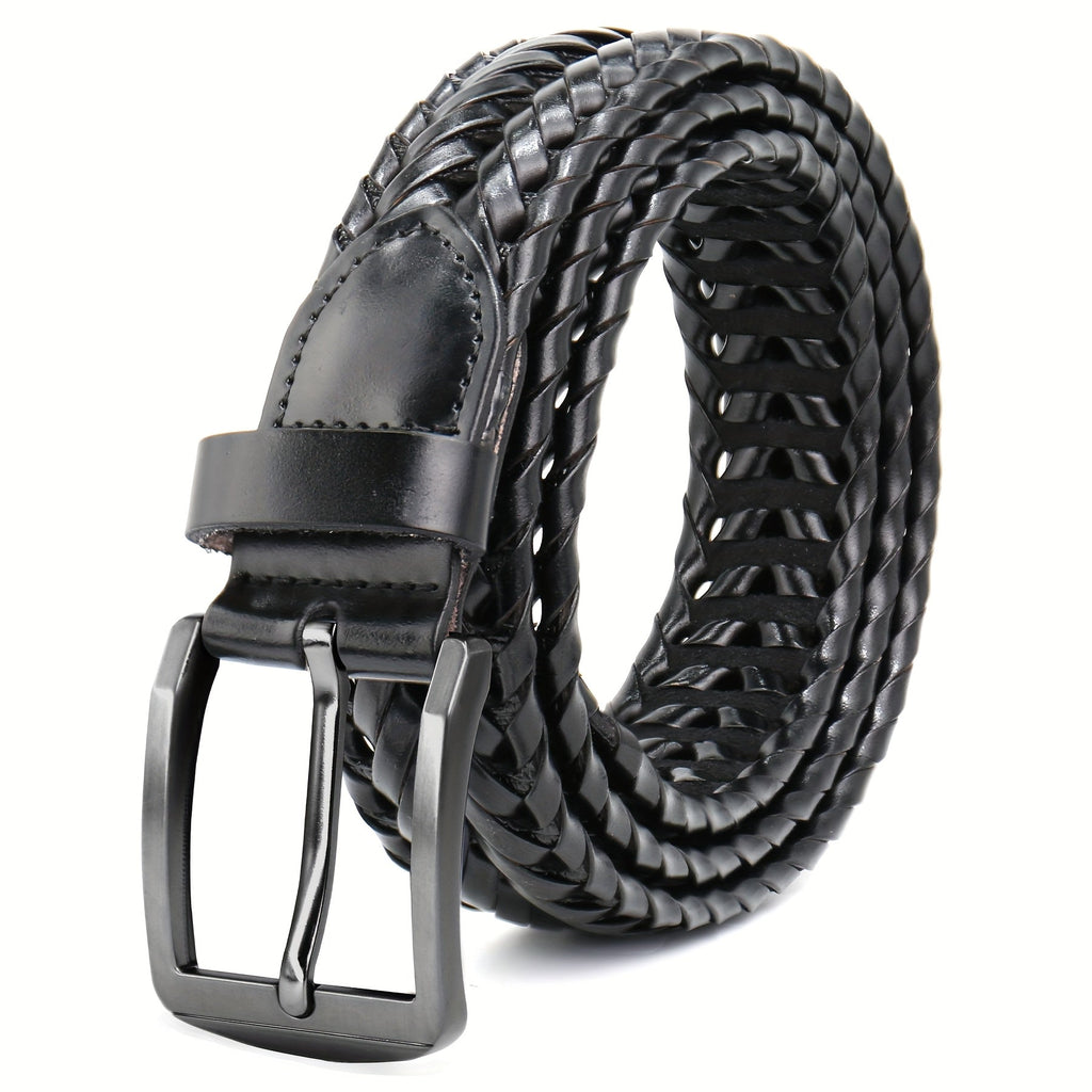 Men's Leather Braided Belt – Woven Hollow Design with Gold Zinc Alloy Buckle, Casual Dress Belt for Golf Pants, Jeans, and Everyday Wear, Sizes 34" to 50", Great Gift for Dad