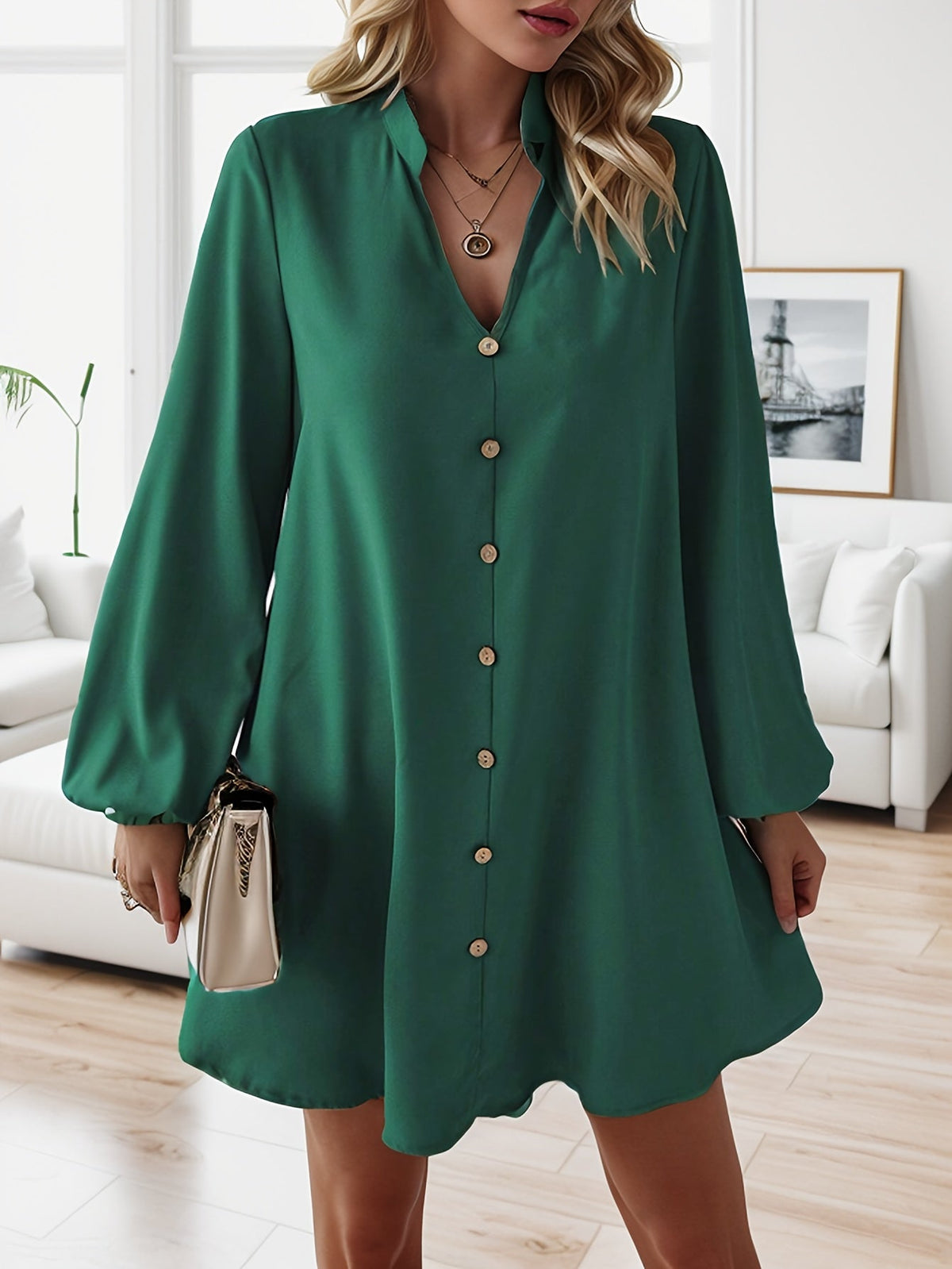 Women's V-Neck Long Sleeve A-Line Flared Dress, Elegant Solid Color Single-Breasted Midi Dress for Spring, Summer, Party, and Casual Wear