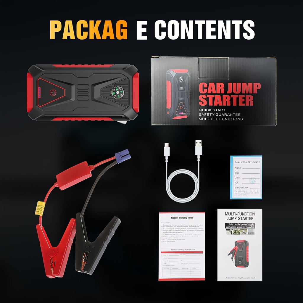 5000A Peak Jump Starter, 12V Portable Car Battery Starter for Gas & Diesel Engines – LED Flashlight, SOS Light, Safety Hammer, Compass & USB Power Bank, 74Wh Lithium Battery