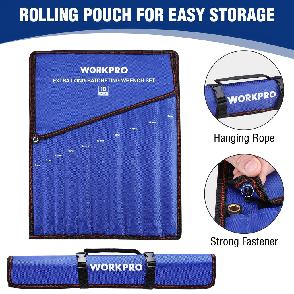 WORKPRO 10pc Extra Long Ratcheting Wrench Set – Anti-Slip Double Box Wrenches Metric 8-19mm, 72-Tooth Cr-V Steel, Black Electrophoretic Coating, Rolling Pouch Included, Professional Hand Tool Kit