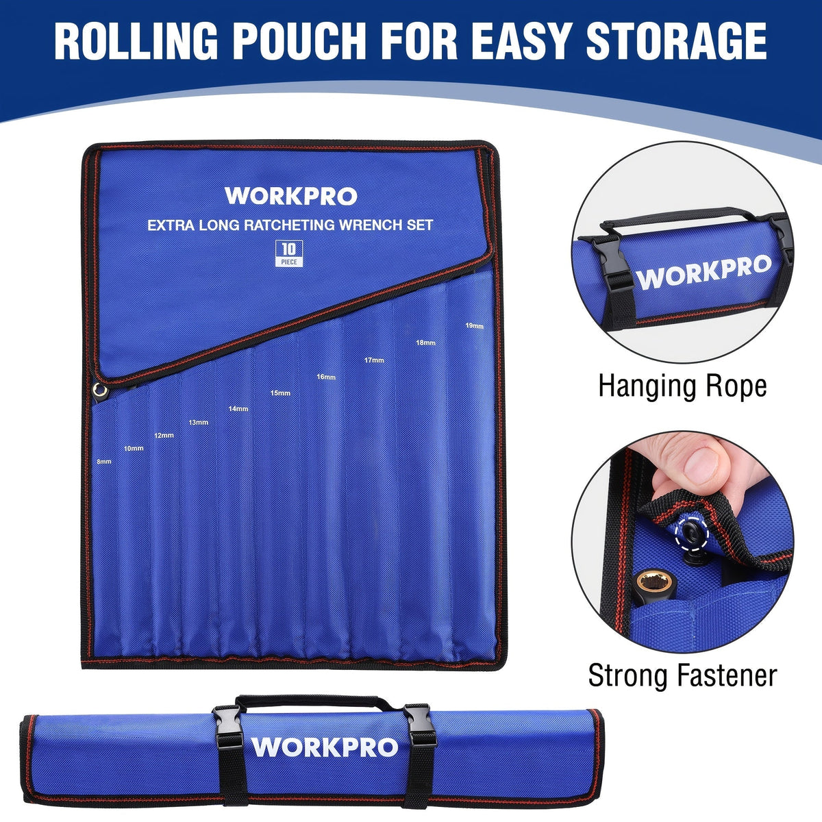 WORKPRO 10pc Extra Long Ratcheting Wrench Set – Anti-Slip Double Box Wrenches Metric 8-19mm, 72-Tooth Cr-V Steel, Black Electrophoretic Coating, Rolling Pouch Included, Professional Hand Tool Kit