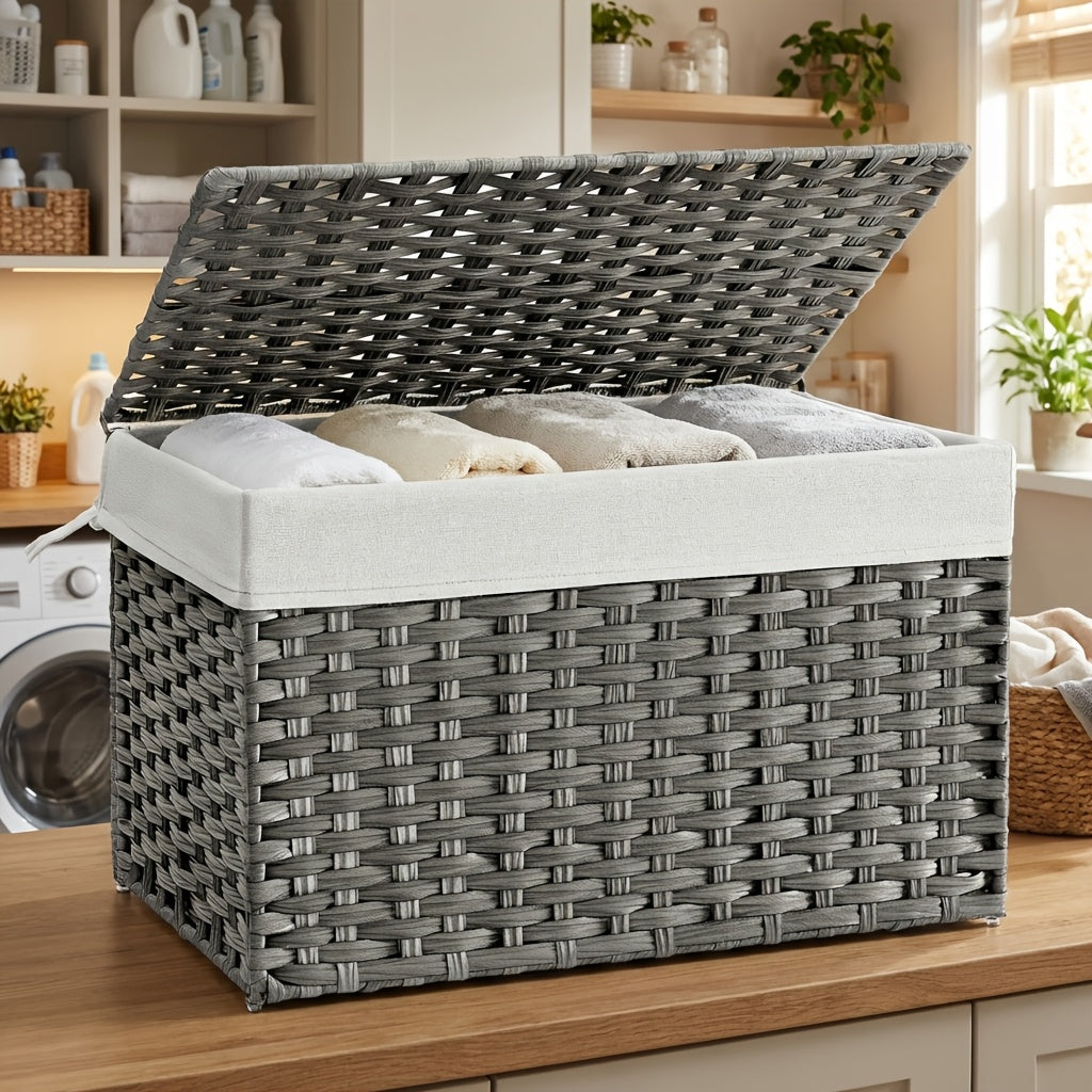 Large Foldable Storage Basket with Lid & Handles Removable Liner Metal Frame for Blankets Laundry Bedroom – 9.25 / 17.2 / 42.3 Gal – Natural Brown & Gray