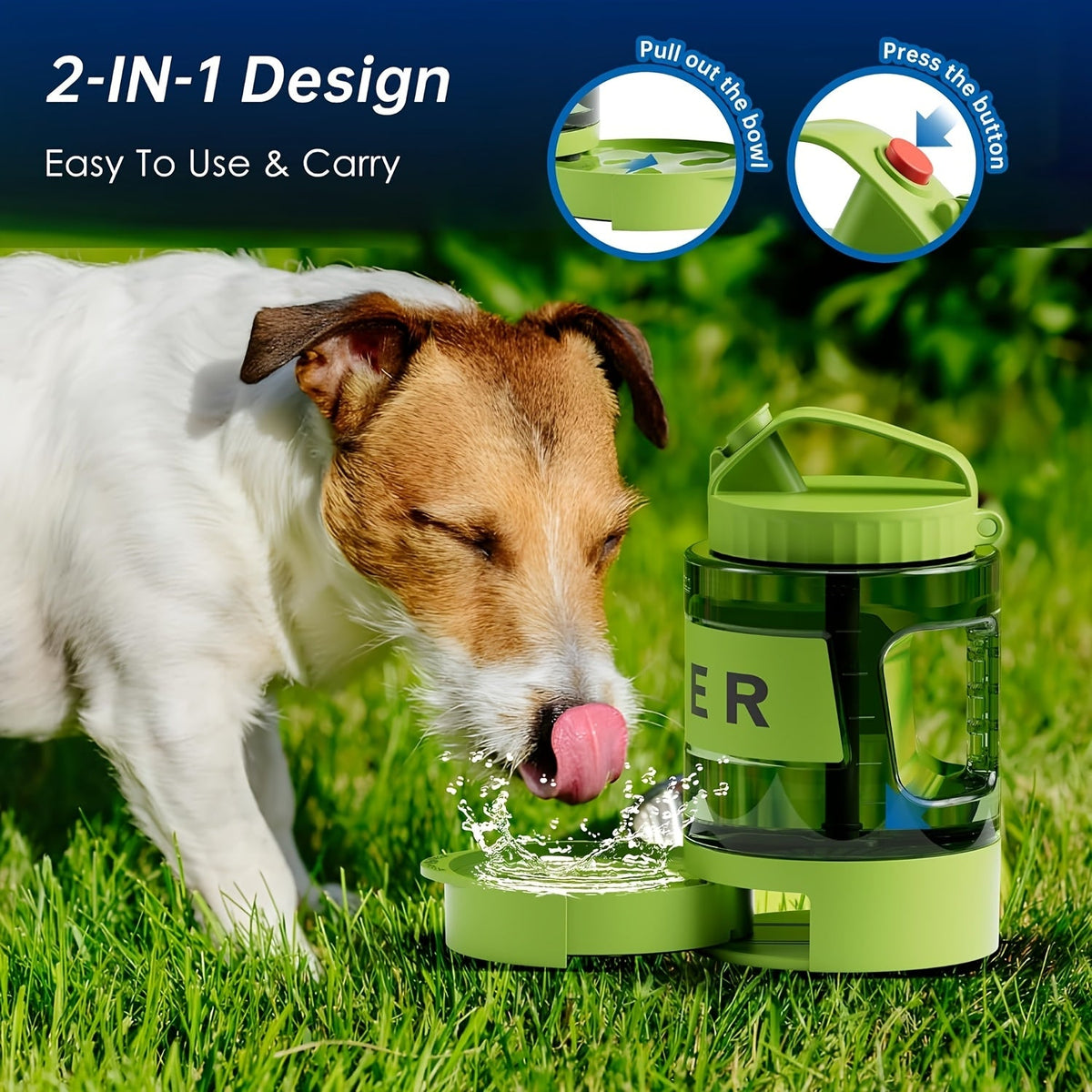 77oz Large Dog Water Bottle with Pull-Out Bowl – 2.2L Portable Travel Water Dispenser for Dogs, Ice Cube Compatible, Leak-Proof Design for Camping, Hiking, Beach, and Road Trips, Essential Outdoor Pet Hydration Accessory for Large Dogs