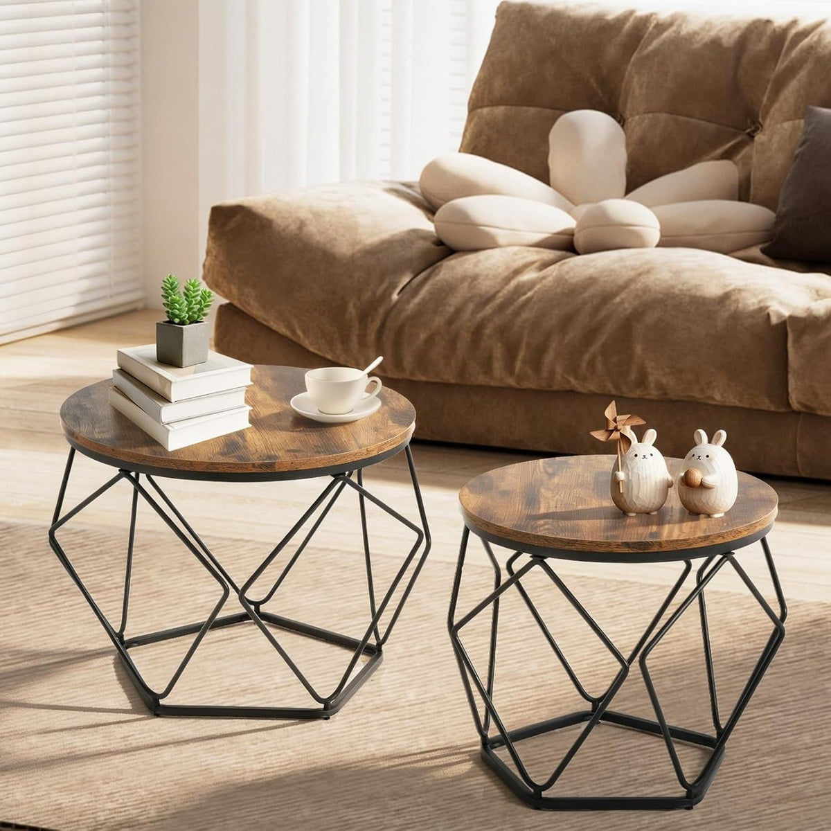 Set of 2 Modern Round Nesting Coffee & Side Tables with Hidden Storage Sturdy Geometric Frame for Bedroom & Living Room