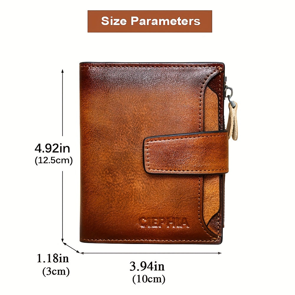 CIEPHIA Men's Vintage RFID Blocking Wallet - Genuine Leather, Zipper Coin Pocket, 14 Card Slots, 2 ID Windows, SD/SIM Slot - Bifold & Trifold - Tan, Black, Coffee & Oil Wax Leather - Gift Set with Greeting Card