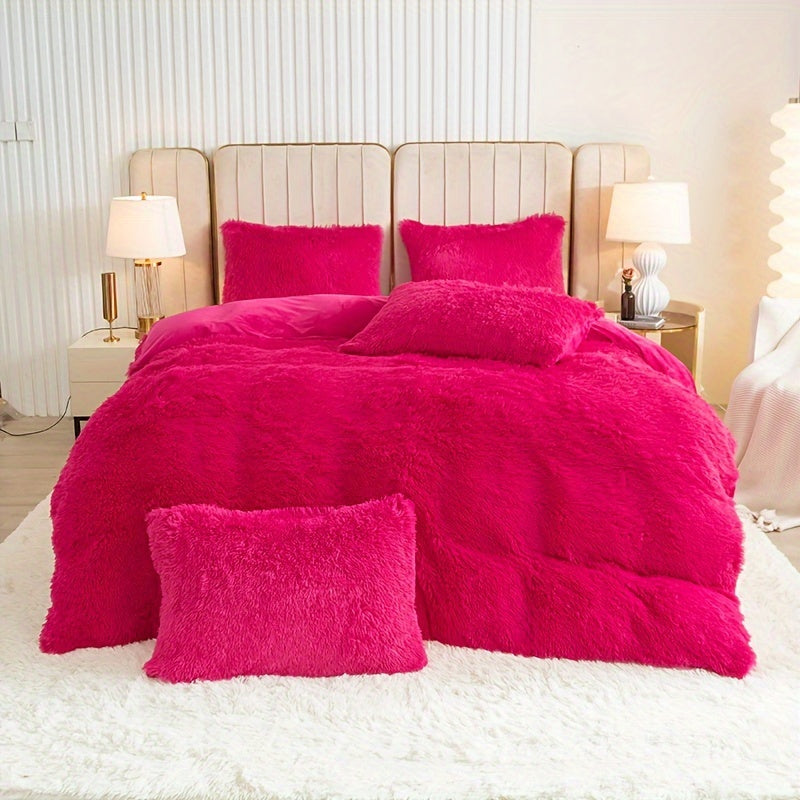 Plush Duvet Cover Set 3 Piece, Long Hair Knitted Polyester, Solid Color Fuzzy Comforter Cover with Zipper Closure, All-Season Soft Cozy Bedding Set for Bedroom, Multiple Colors Available
