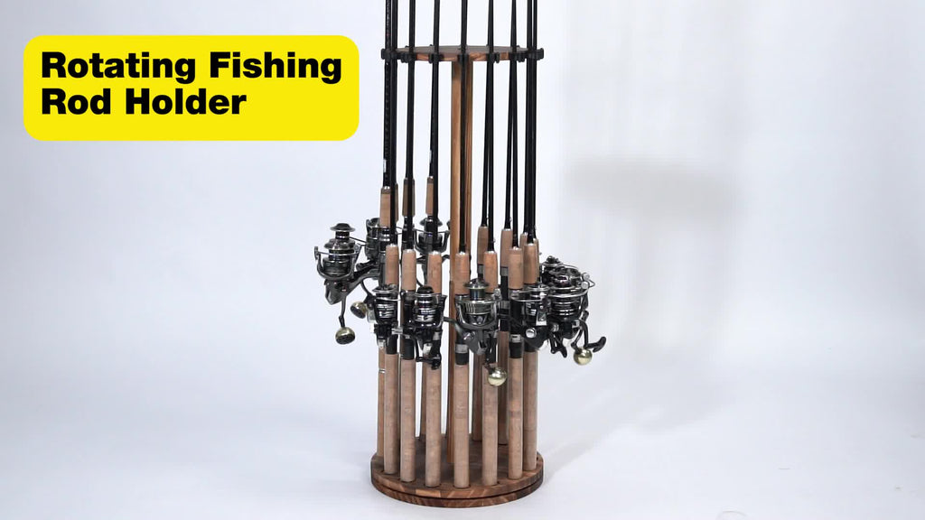Circular Wooden Fishing Rod Rack Holds 16 Rods, Space-Saving Fishing Pole Organizer for Garage, Shed, Man Cave – 360° Rotating & Fixed Options, Sturdy Wood Construction, Fisherman Gift