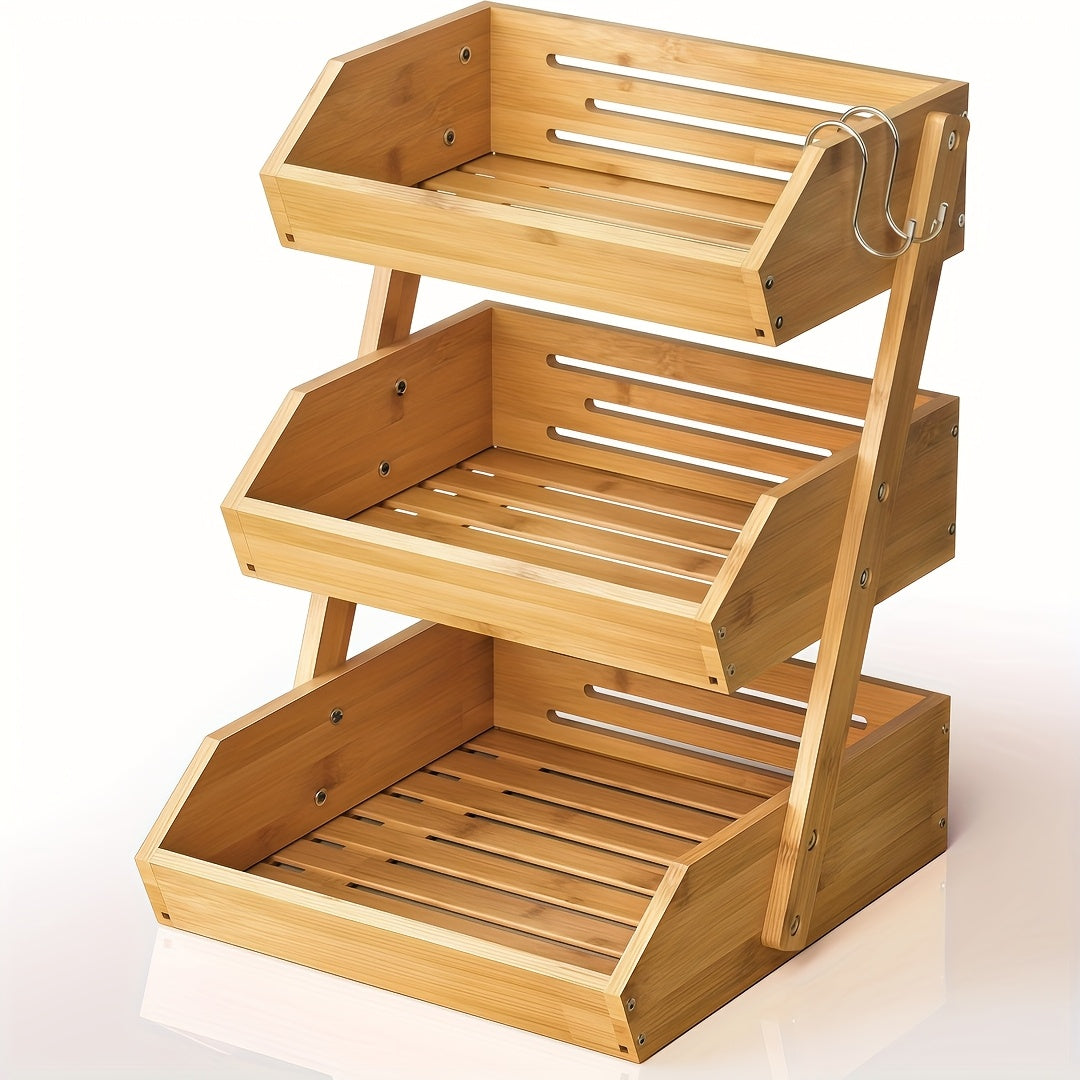 2 & 3-Tier Wooden Fruit Basket Stand - Countertop Kitchen Organizer, Open Slat Airflow Design, Banana Hooks & Non-Slip Pads - Fruits, Vegetables, Bread & Produce - Easy Assembly - Natural Wood Finish