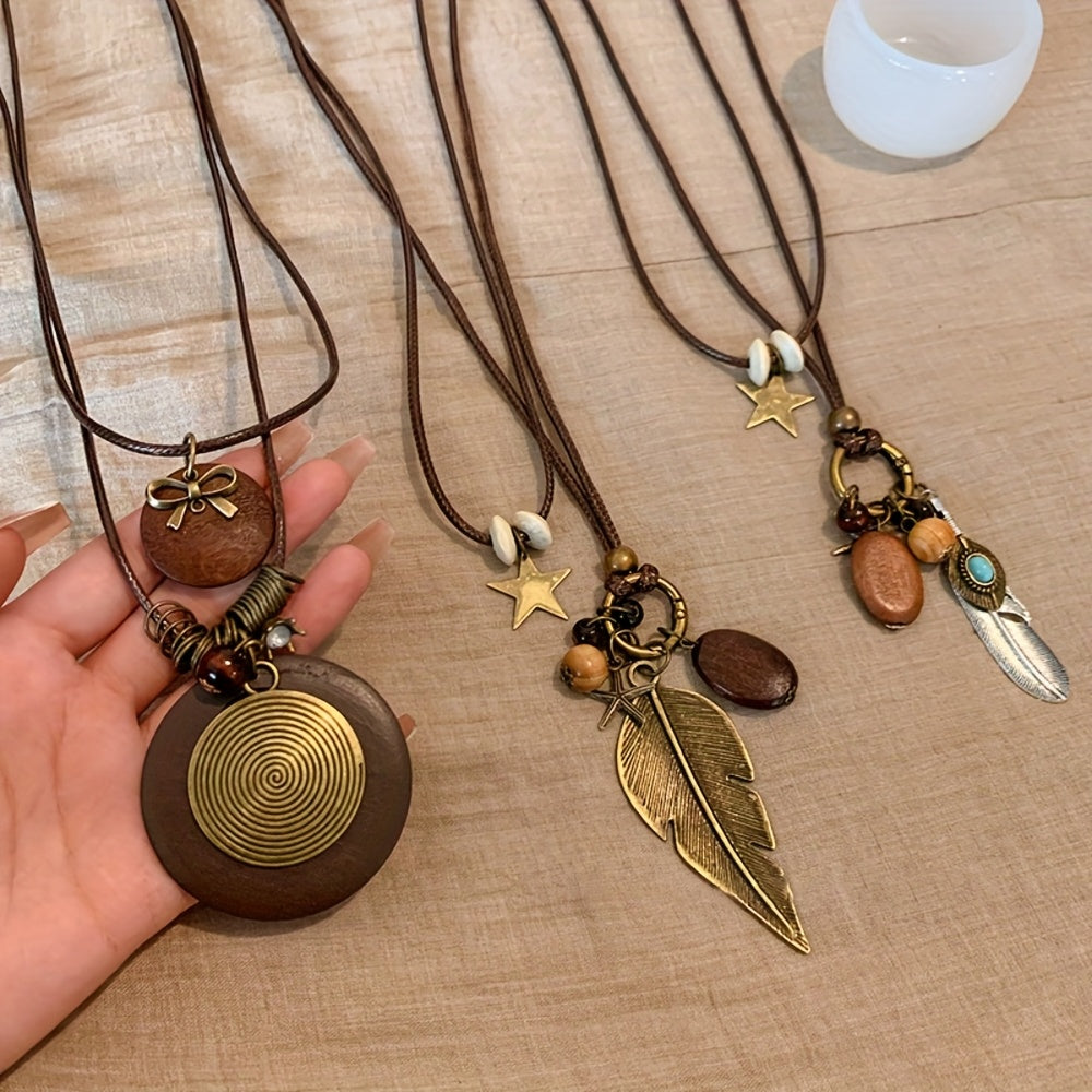 5-Piece Bohemian Layered Necklace Set for Women – Retro Boho Sweater Chain Y-Shaped Necklace with Feather, Leaf, Butterfly, and Star Pendants, Fashionable Stackable Jewelry Gift for Daily Wear and Banquets