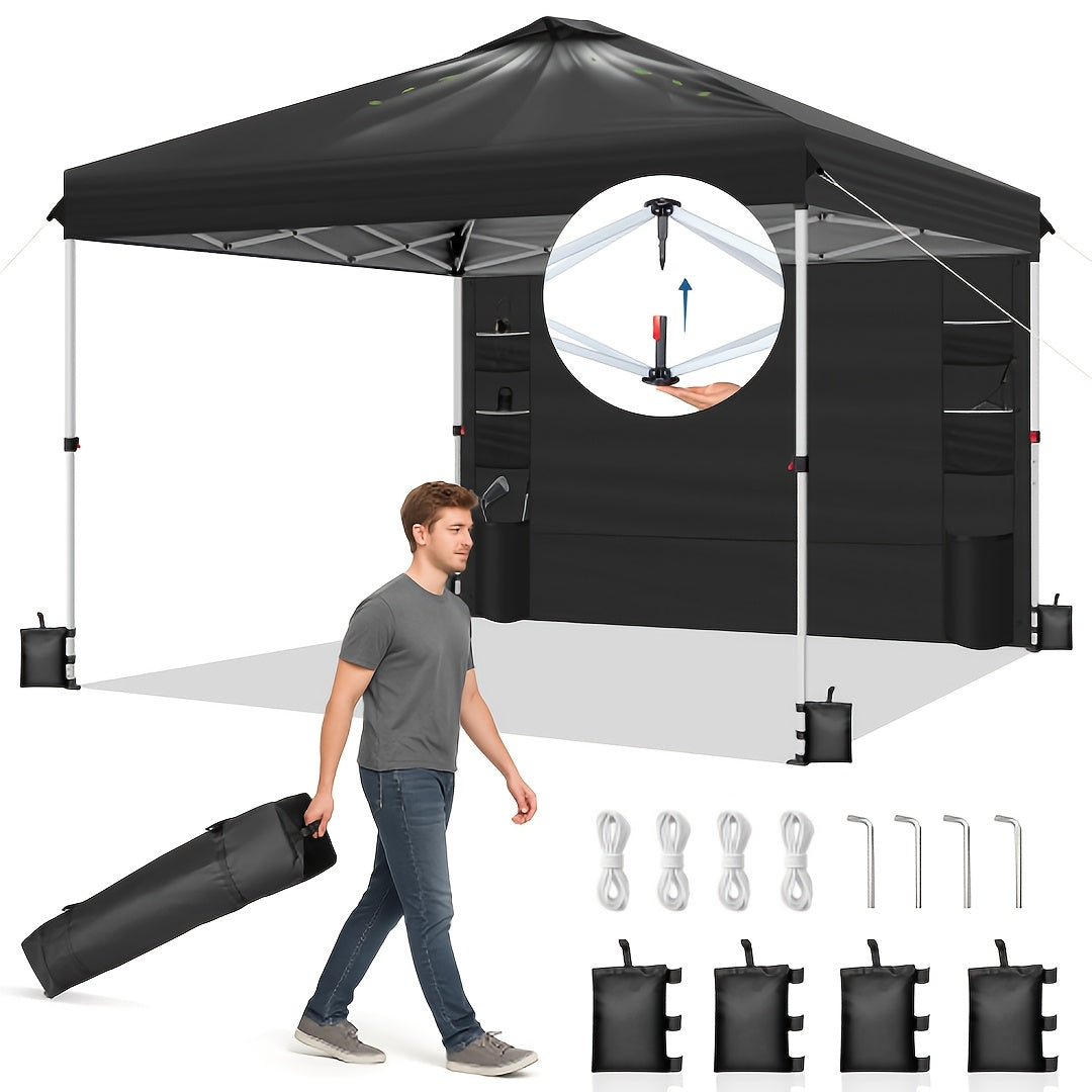 10x10 ft Instant Pop-Up Canopy Tent with Removable Sidewall & Sandbags UV50+ Waterproof Vented Top One-Person Setup for Beach Camping Party & Outdoor Events – Blue, Black or White