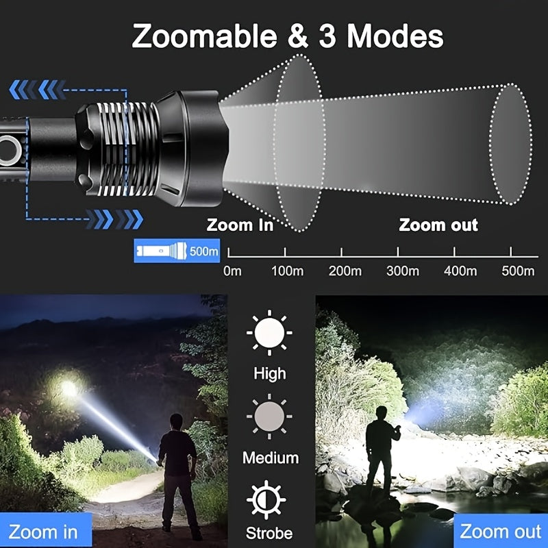 4000 Lumen Rechargeable Tactical Flashlight – High Lumens LED Handheld Torch, USB-C, 500M Range, 4 Modes, Aluminum Alloy, Waterproof for Camping, Fishing, Hiking, Night Patrol, and Emergency