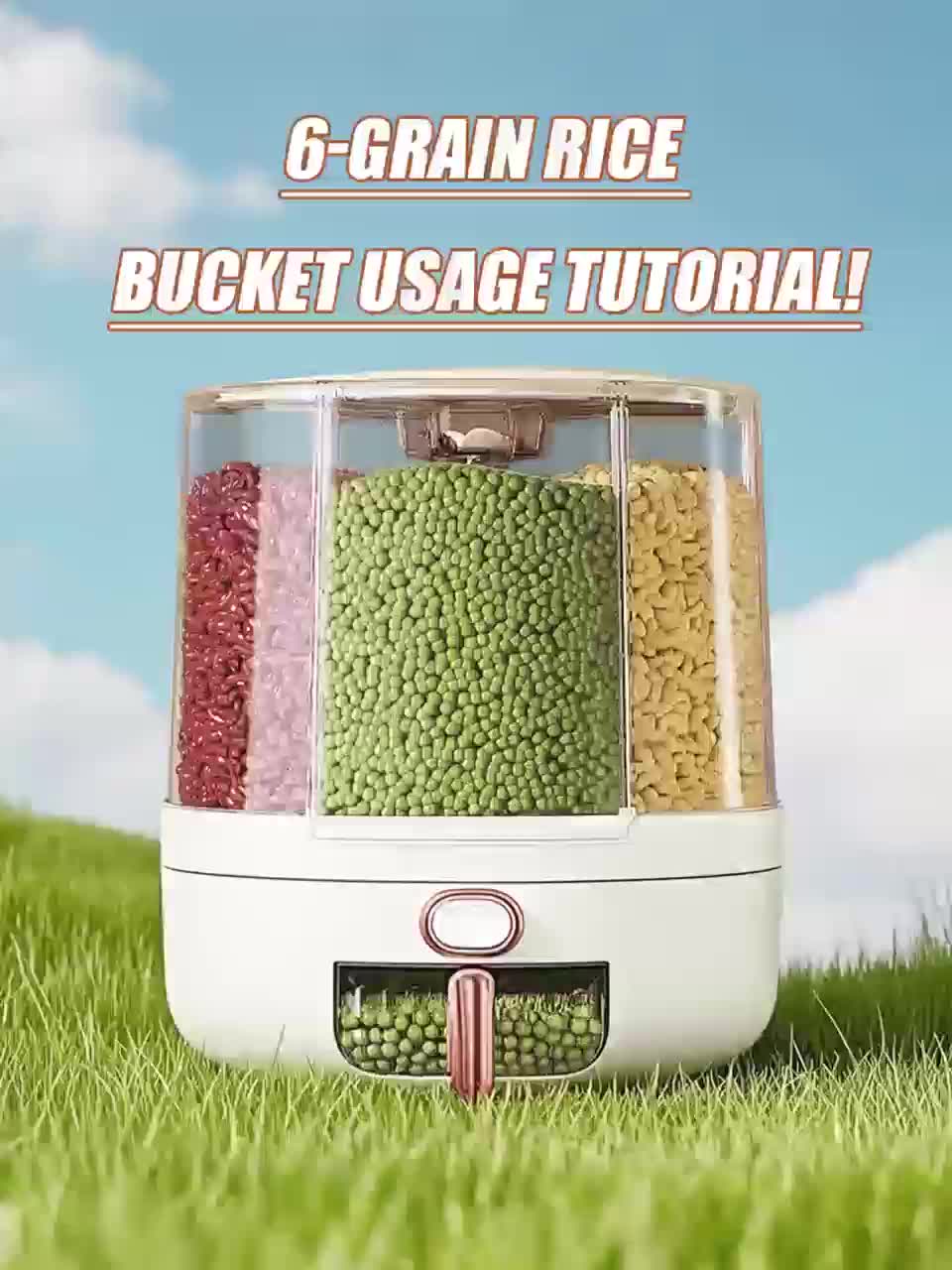Rotating Cereal Dispenser 6-Grid Large Capacity Airtight Rice Storage Container, Moisture-Proof Insect-Proof Grain Dispenser with Transparent Window & Press Button, Food-Grade PP for Rice, Grains, and Flour