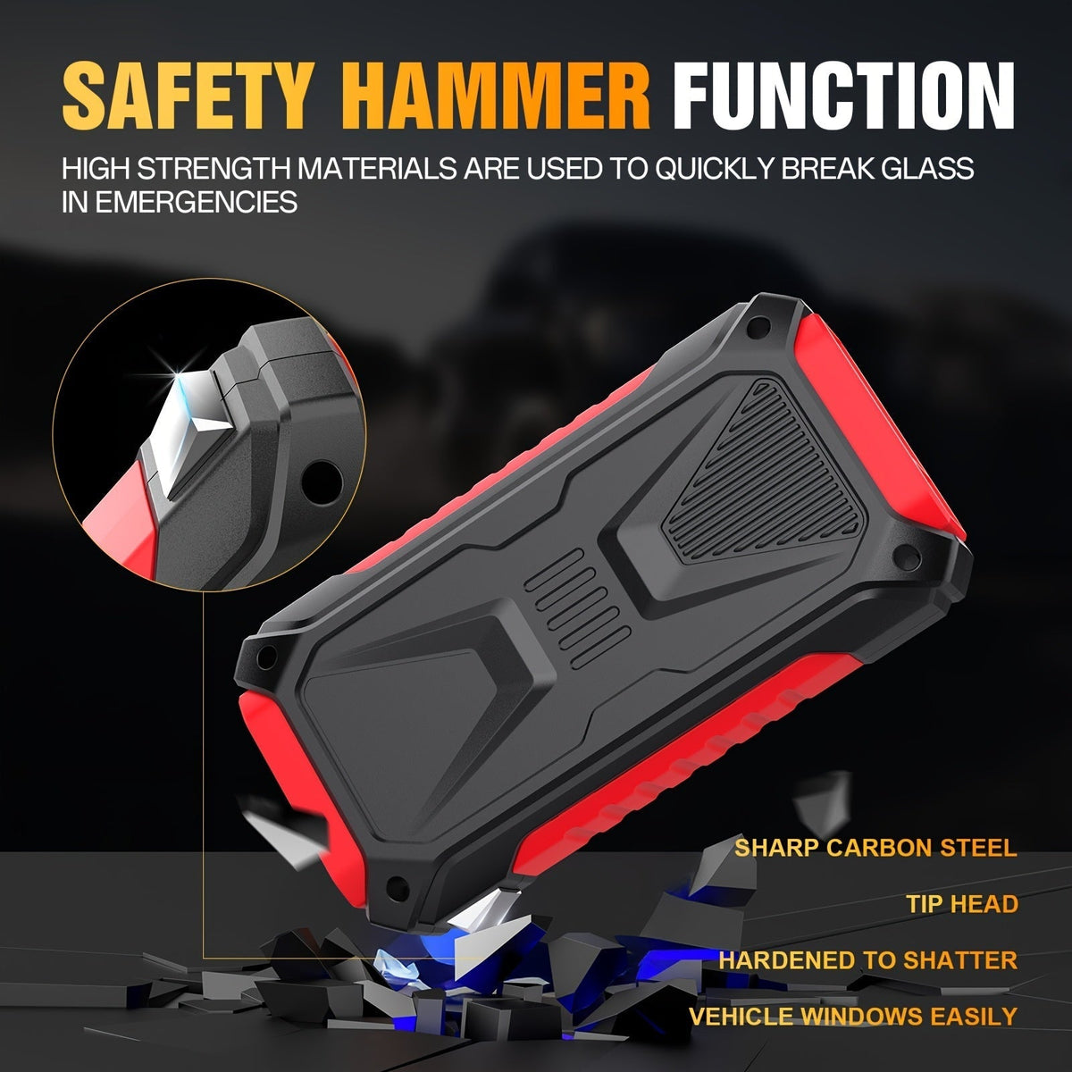 5000A Peak Jump Starter, 12V Portable Car Battery Starter for Gas & Diesel Engines – LED Flashlight, SOS Light, Safety Hammer, Compass & USB Power Bank, 74Wh Lithium Battery