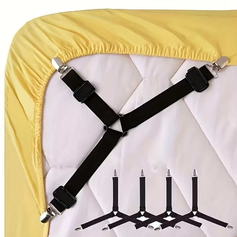 4-Pack Adjustable Elastic Bed Sheet Straps with Transparent Clips - Non-Slip, Easy-Clean Nylon Fasteners for Securing Bedding & Sofa Covers - Black