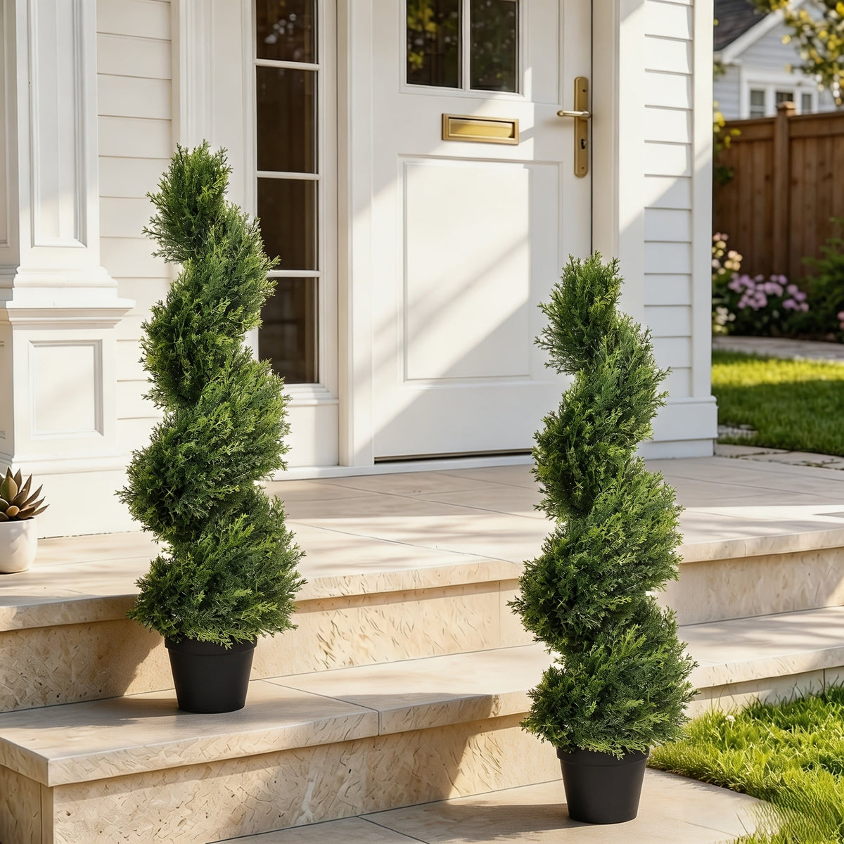 Artificial Spiral Topiary Trees 2pcs 3FT or 4FT, Faux Boxwood Cedar Outdoor Fake Plants All-Year Green for Porch Entryway Patio Garden Indoor Decor, Light Green Dark Green Milan Leaf