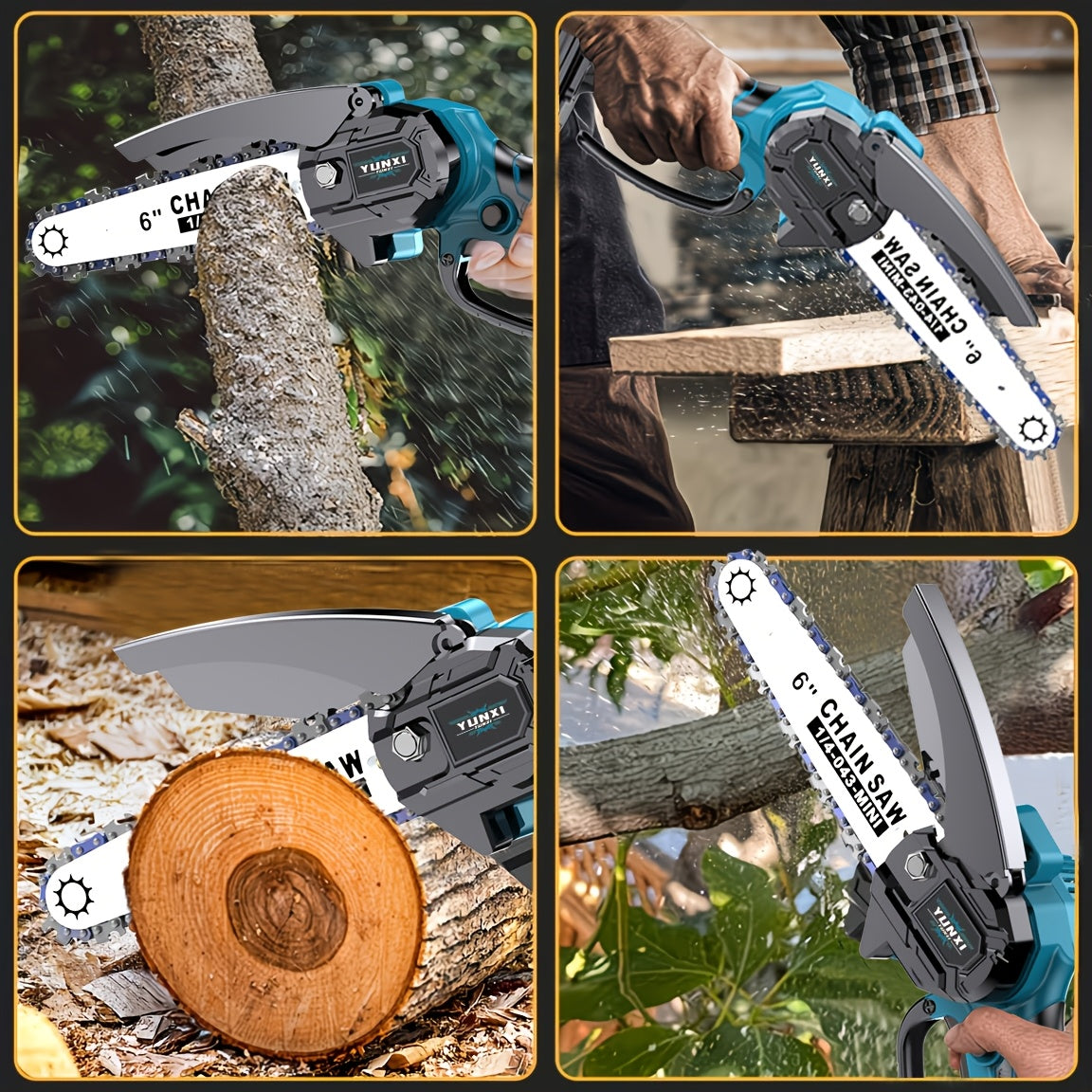 Mini Cordless Chainsaw, Portable Handheld Electric Tree Cutter with Splash Guard and Safety Lock, Rechargeable for Garden and Yard