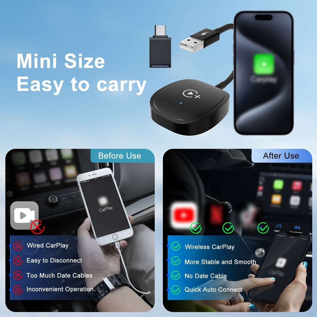 Wireless CarPlay Adapter with YouTube & TikTok – Plug & Play USB Dongle Converts Wired to Wireless Apple CarPlay, Supports iPhone Hotspot WiFi, Compatible with Audi, Ford, Toyota, Honda, and More