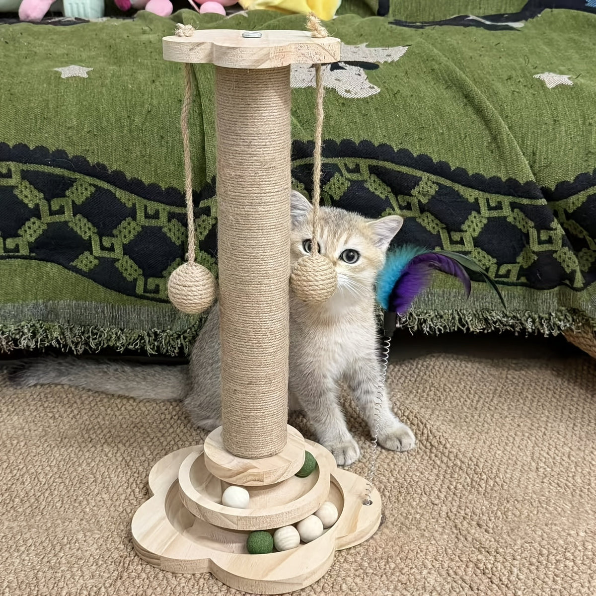 Multi-Level Cat Scratching Post Premium Sisal with 6 Wooden Toy Balls, 2 Hanging Balls, 2 Feather Teaser Toys, Non-Slip Base, Interactive Cat Tree for Indoor Cats and Kittens