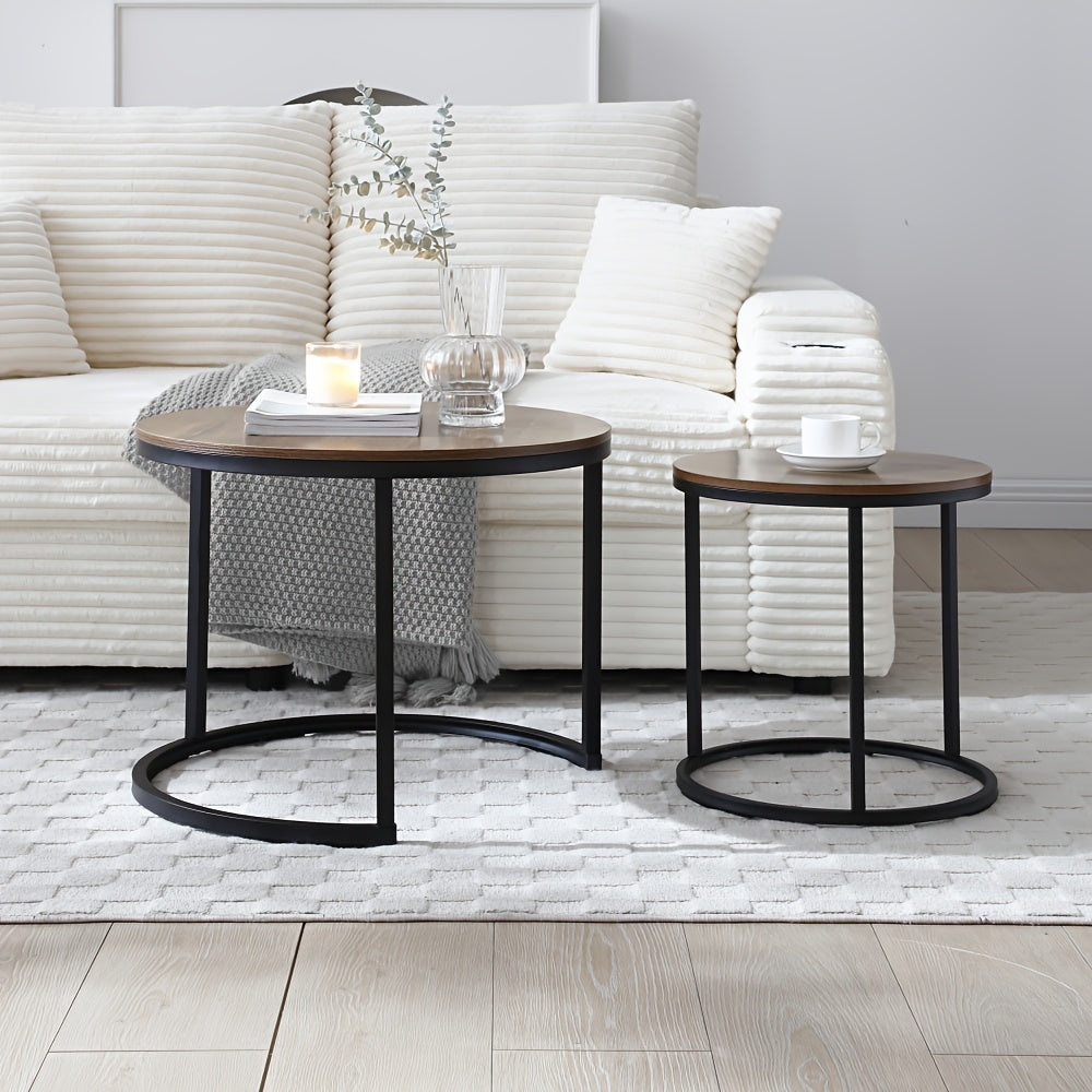 Nesting Coffee Table Set of 2 – Modern Faux Marble Round Tables with Gold Frame Space-Saving Living Room Furniture in White Gray Black Walnut