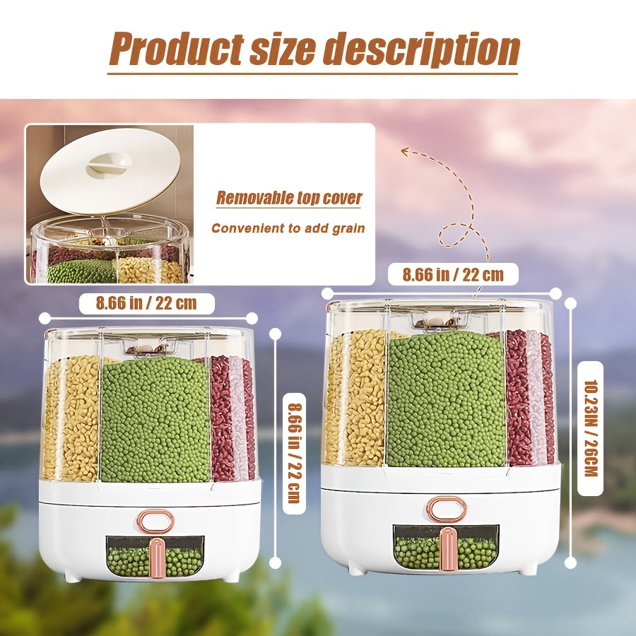 Rotating Cereal Dispenser 6-Grid Large Capacity Airtight Rice Storage Container, Moisture-Proof Insect-Proof Grain Dispenser with Transparent Window & Press Button, Food-Grade PP for Rice, Grains, and Flour