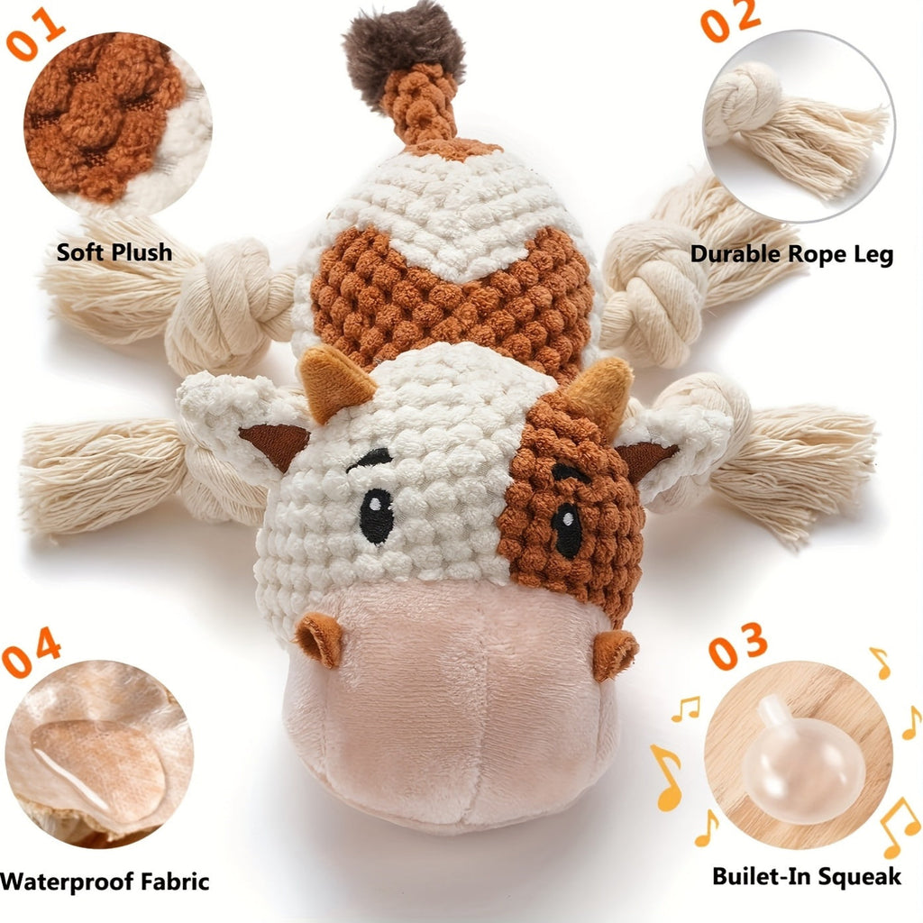 Squeaky Cow Dog Toy, Plush Interactive Tug-of-War with Crinkle Paper, IQ Training Chew Toy for Small, Medium, and Large Dogs, No Battery Needed, Anxiety Relief Pet Toy