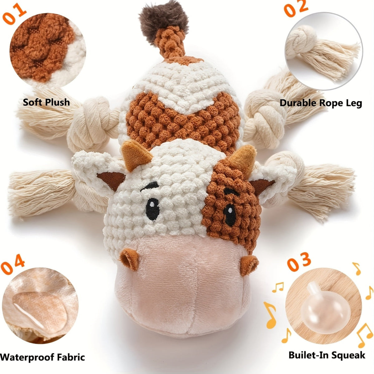 Squeaky Cow Dog Toy, Plush Interactive Tug-of-War with Crinkle Paper, IQ Training Chew Toy for Small, Medium, and Large Dogs, No Battery Needed, Anxiety Relief Pet Toy
