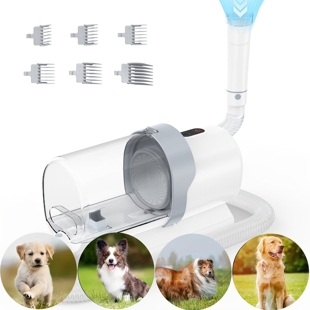 5-in-1 Pet Grooming Vacuum Kit with 99% Hair Suction – Professional Dog & Cat Clippers with 6 Guide Combs, Powerful Low-Noise Grooming Vacuum for Dogs, Cats & All Pets, White Grey Blue