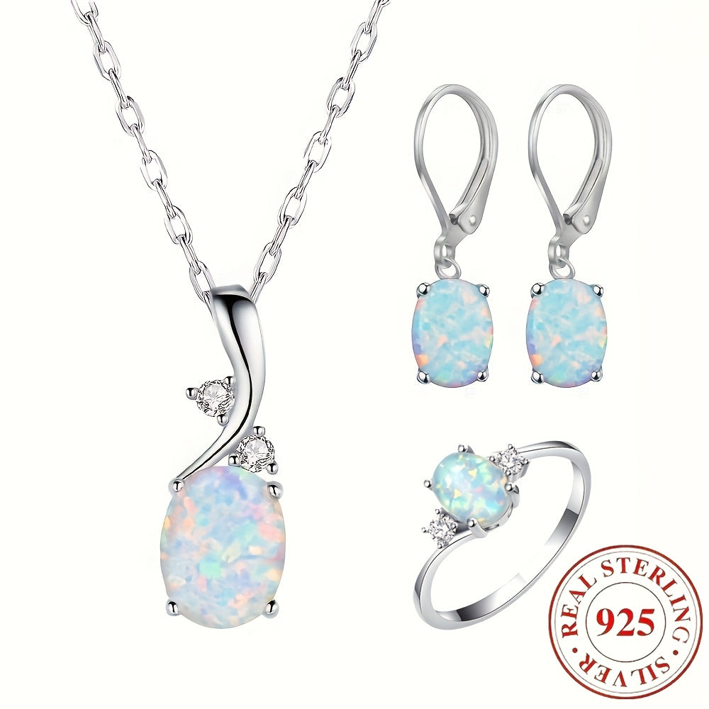925 Sterling Silver Water Drop Opal Jewelry Set for Women – 4-Piece Necklace, Earrings, and Ring Set, Elegant Opal Pendant Fashion Jewelry Gift for Party, Daily Wear, Birthday, and Anniversary