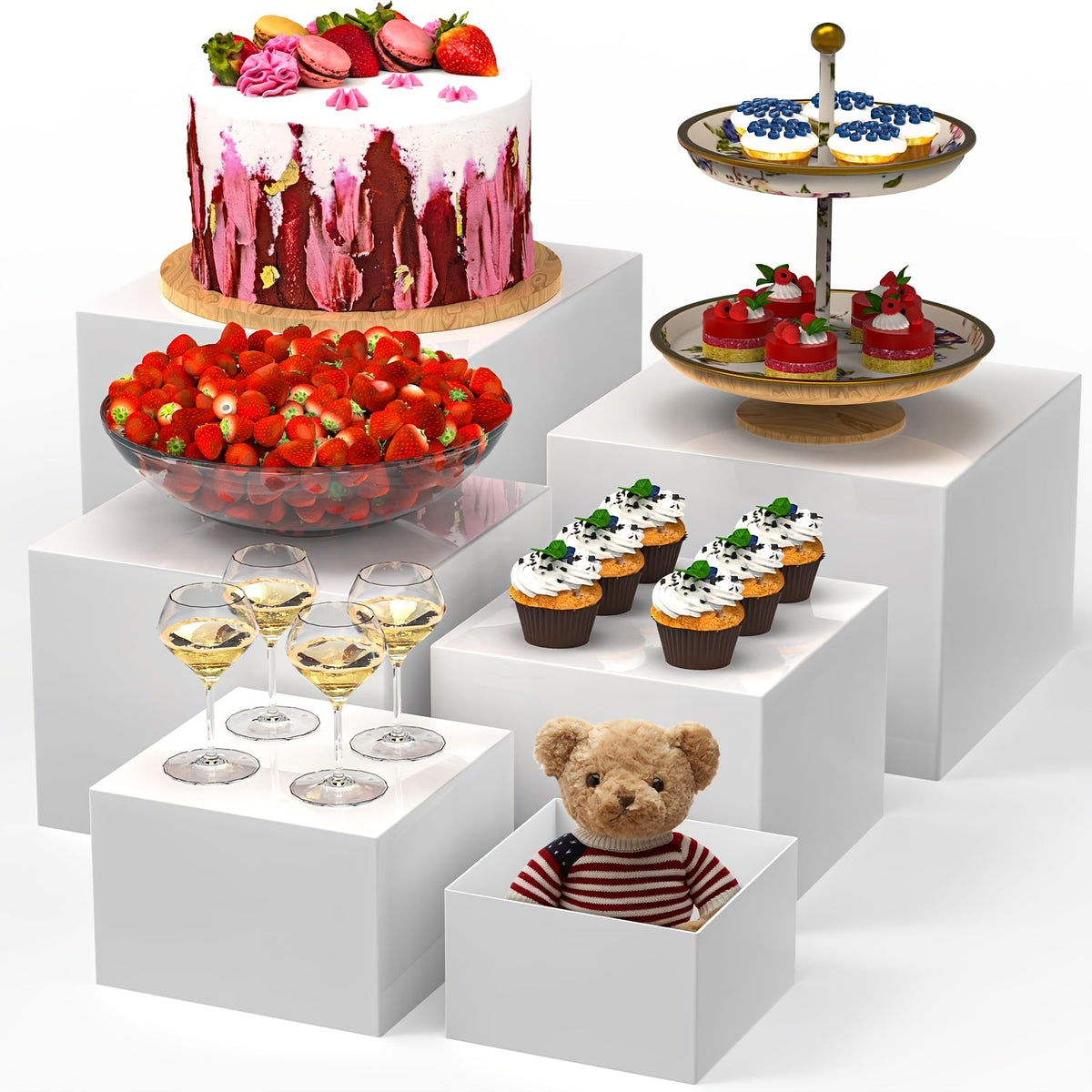 Buffet Risers 6-Piece Set - White Graduated Display Stands 5"-10" for Food, Desserts, Jewelry & Collectibles - Nestable, 20 lb Capacity, Dual-Use for Party, Catering & Wedding