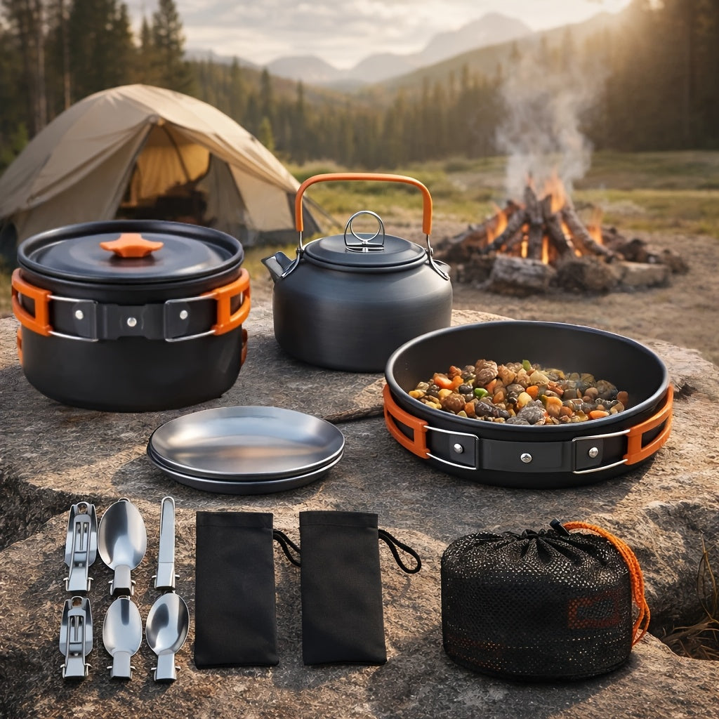 Camping Cookware Mess Kit 8/9/14/15 Piece, Portable Non-Stick Aluminum Alloy Camp Cook Set with Kettle, Pot, Frying Pan, Plates, and Utensils, Lightweight Backpacking Outdoor Cooking Gear for Hiking & Travel