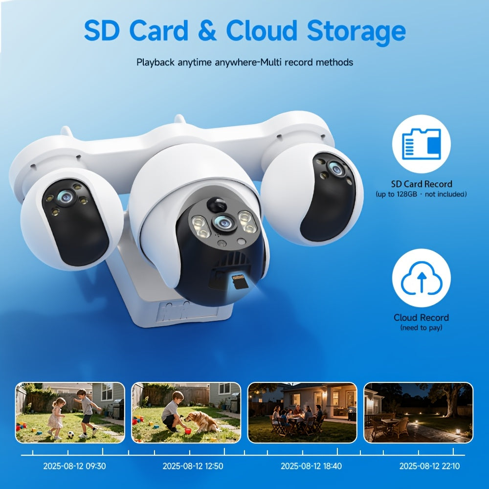 Solar-Powered Outdoor Security Camera, Triple Lens 8MP UHD, 360° Rotation, Color Night Vision, Motion Detection, Two-Way Audio, Wi-Fi / 4G LTE, Cloud & Local Storage, Detachable Solar Panel (SD Card Not Included)