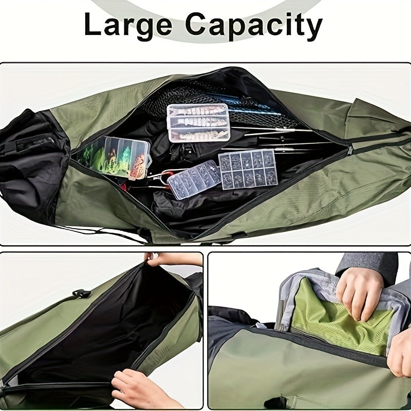 Large Capacity Folding Durable Fishing Rod Bag, Multifunctional Gear Carrier Case with Two Lead Weights, Fits Multiple Rods, Tackle Organizer for Freshwater and Saltwater Fishing
