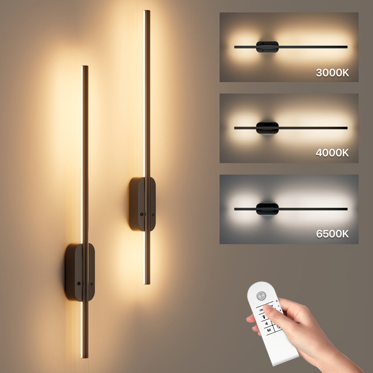 2-Pack Rechargeable Battery Operated Wall Sconces - Dimmable Wireless LED Wall Lights with Remote Control, Black - Bedroom, Living Room, Hallway & Entryway