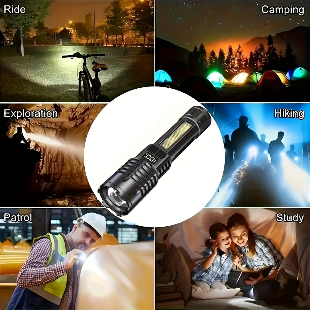 Rechargeable Tactical Flashlight 2-Pack, USB COB LED – Ultra Bright, 5 Modes, Zoomable, 200-500M Beam, LCD Display, for Camping, Fishing, Hunting, Cycling, and Emergencies