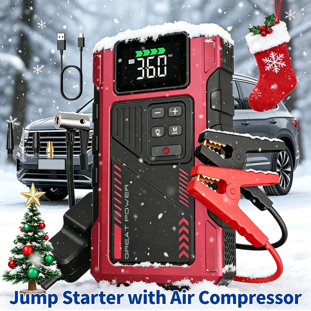 9-in-1 Portable Jump Starter with Air Compressor for 12V Vehicles (Up to 8.0L Gas / 6.5L Diesel) – Battery Booster Pack with Tire Inflator, USB Power Bank, LED Emergency Light & Roadside Kit