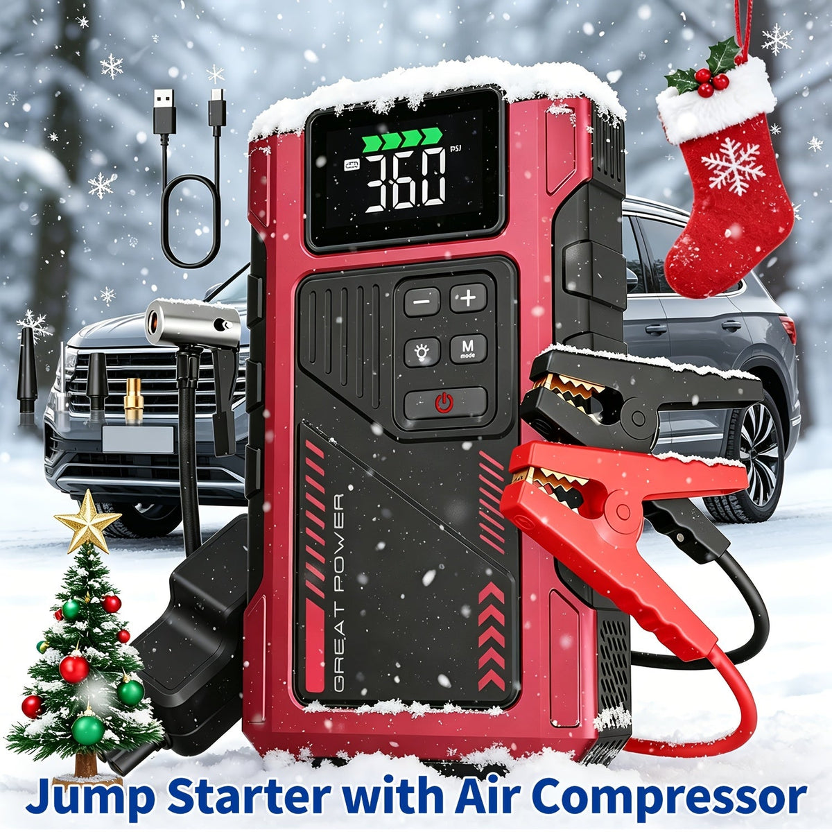 9-in-1 Portable Jump Starter with Air Compressor for 12V Vehicles (Up to 8.0L Gas / 6.5L Diesel) – Battery Booster Pack with Tire Inflator, USB Power Bank, LED Emergency Light & Roadside Kit