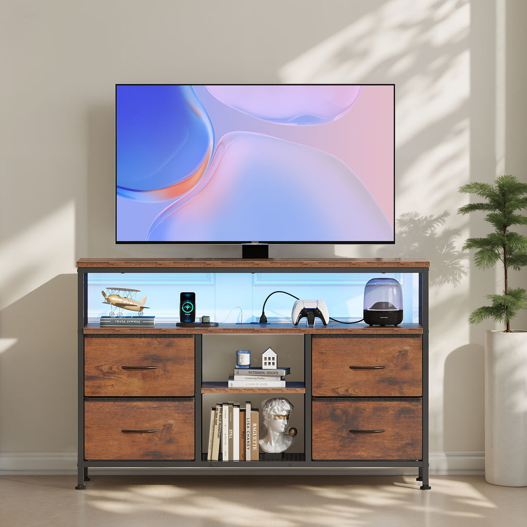 TV Stand with 4 Drawers & LED Lights, Entertainment Center Media Console with Power Sockets, Open Shelves & Adjustable Feet for 50 Inch TV, Living Room Furniture, White Black Rust