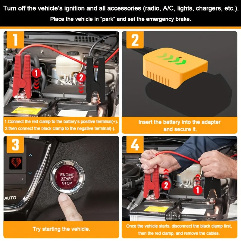 DeWalt Compatible Car Jump Starter Booster Cables with Adapter for DeWalt 20V Battery, Portable Automotive Jumper Cables for Car Jump Starting, Battery Not Included