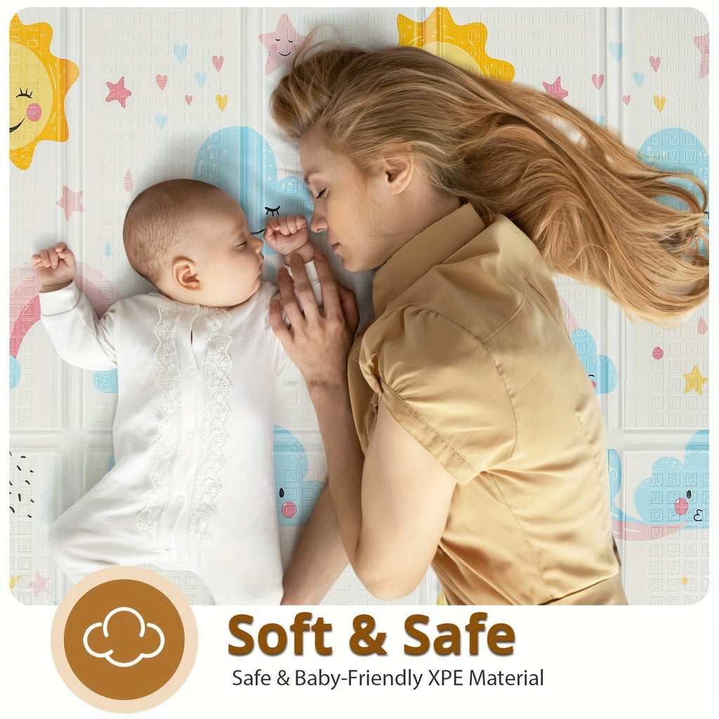 Foldable Safety Foam Baby Play Mat, 50 × 50 × 0.4 Inch Thick Reversible Double-Sided Portable Playpen Floor Mat, Soft Cushioned Baby Activity Mat for Infants & Toddlers, Sun & Planets