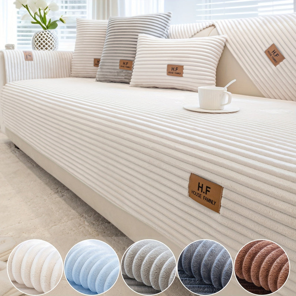 Short Plush Striped Sofa Cover & Cushion - All-Season, Pet-Friendly & Non-Slip - Armchair, Loveseat, 3/4/5-Seater, Backrest, Armrest & Pillowcase - White, Dark Gray, Light Gray, Coffee & Blue