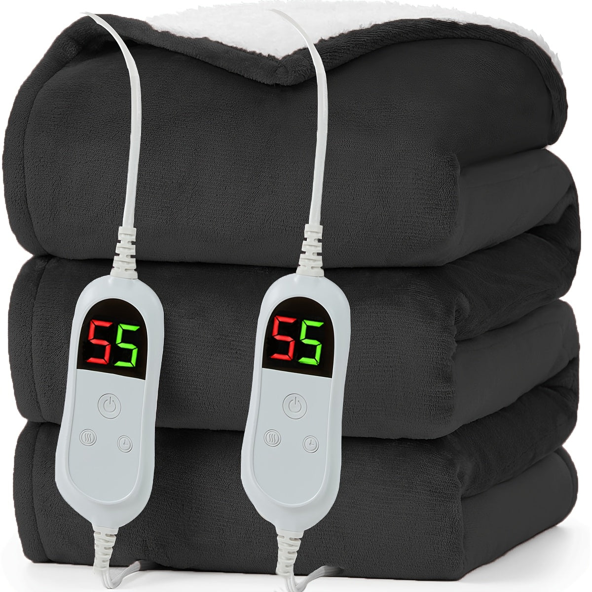 Electric Heated Blanket Dual Zone A B Independent Temperature Controllers 10 Heating Levels 1 2 4 6 8 Hour Auto-Off Fast Heating Soft Flannel Throw Twin Full Queen King Light Grey Navy Black Pink Purple Lake Blue