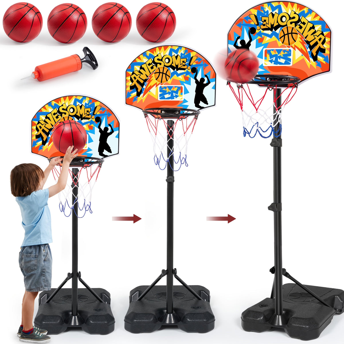 SYNCFUN Kids Basketball Hoop Adjustable Height 2.8–6.2 Ft Indoor & Outdoor Portable with 4 Balls & Pump Triangular Base for Boys & Girls Age 3+