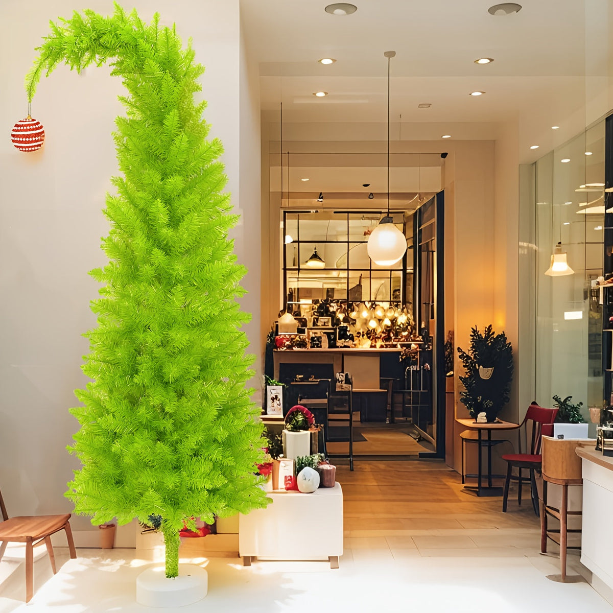 6-Foot Bendable Artificial Christmas Tree with String Lights, Tree Skirt, Christmas Balls & Stand - Shop Window & Party Decoration - Green