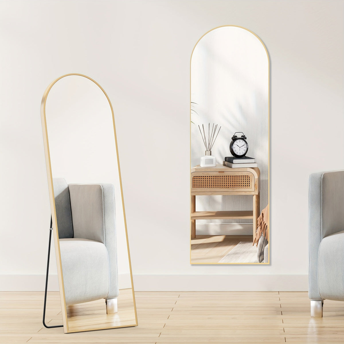 Arched Full Body Floor Mirror with Stand - 59×16in, Moisture & Shatter-Resistant Nano Glass, Vertical Grooming Mirror - Office & Home Decor - Golden