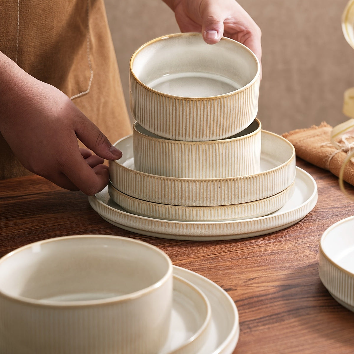 12-Piece Stoneware Dinnerware Set for 4 – Reactive Glaze Raised Stripe 10" Dinner Plates 8" Salad Plates & 5.5" Cereal Bowls Microwave & Dishwasher Safe in Cappuccino & Vanilla White