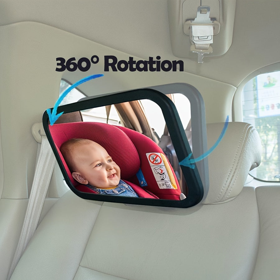 Baby Car Backseat Safety Mirror, Shatterproof 360° Rotatable Extra-Wide Crystal Clear Rear-Facing View, Easy Strap Headrest Mount Baby Car Seat Mirror for Rear-Facing Infant Monitoring, Black