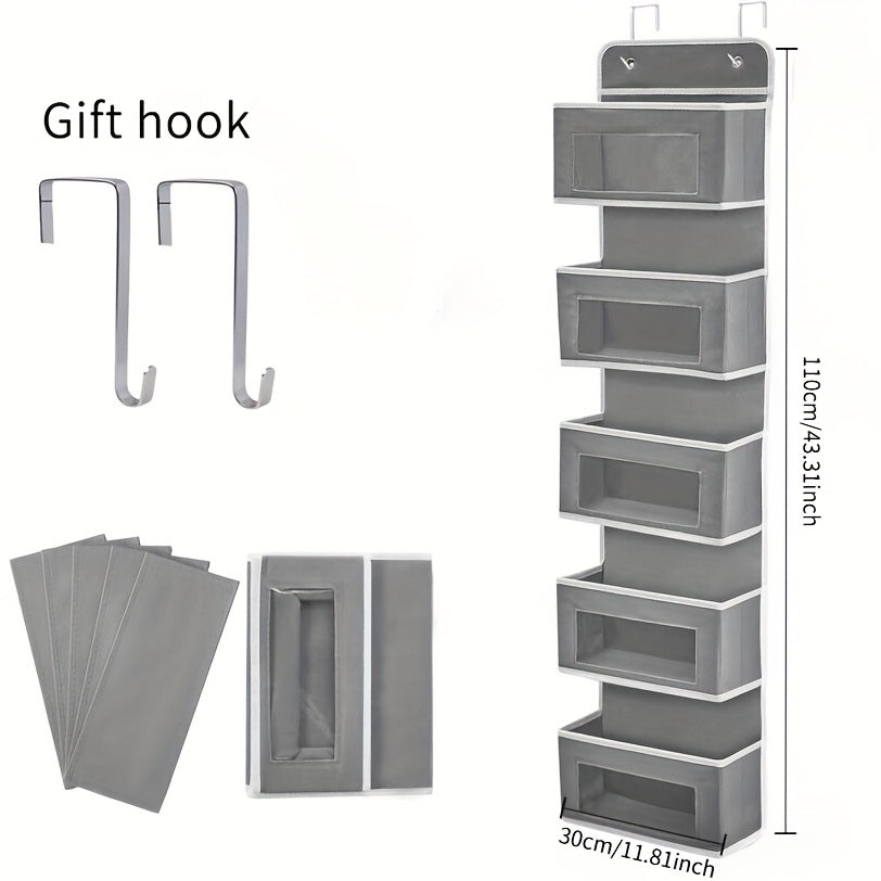5-Layer Behind-Door Storage Rack - 44LB Load-Bearing, No-Drill Anti-Tilt Hanging Organizer - Multifunctional Plastic Storage for Bedroom, Bathroom, Kitchen & Wardrobe - Grey